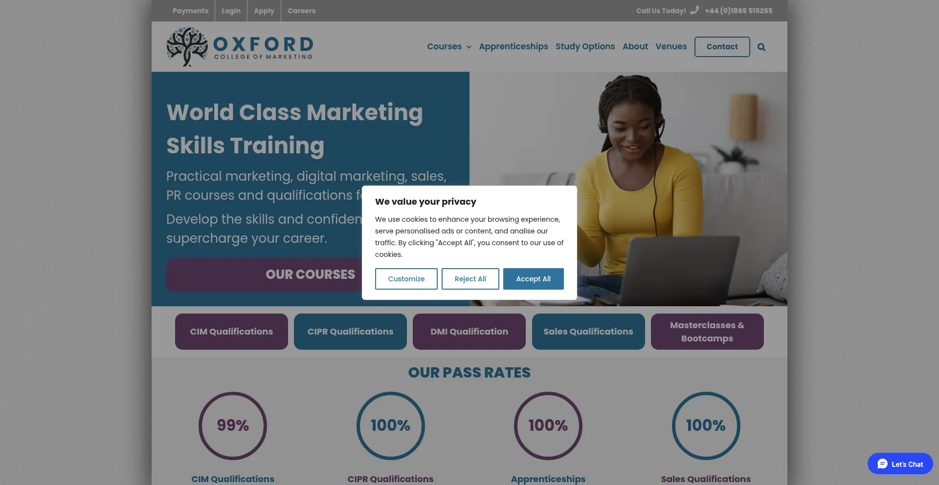 Website screenshot of Oxfordcollegeofmarketing.com