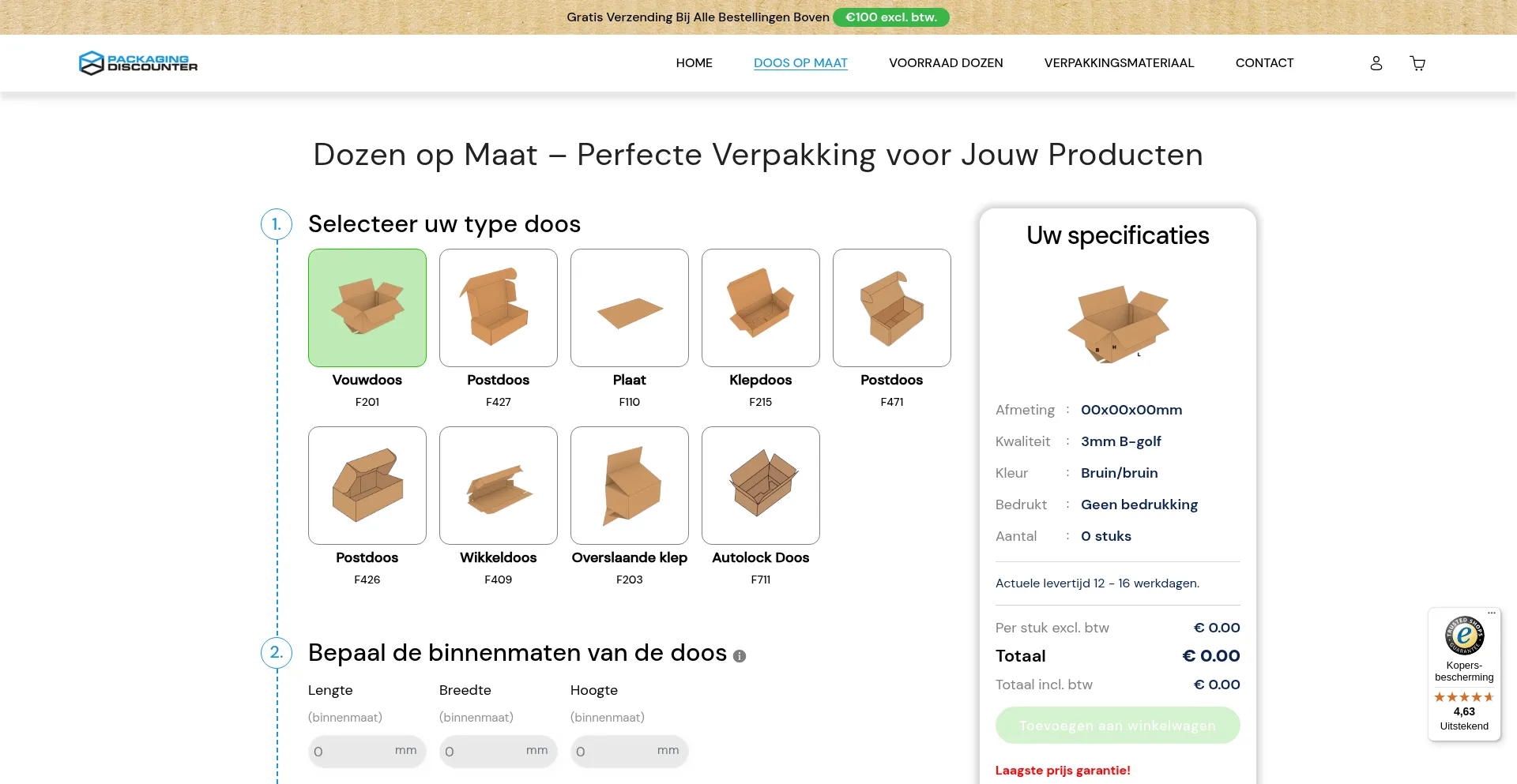 Website screenshot of Packagingdiscounter.nl