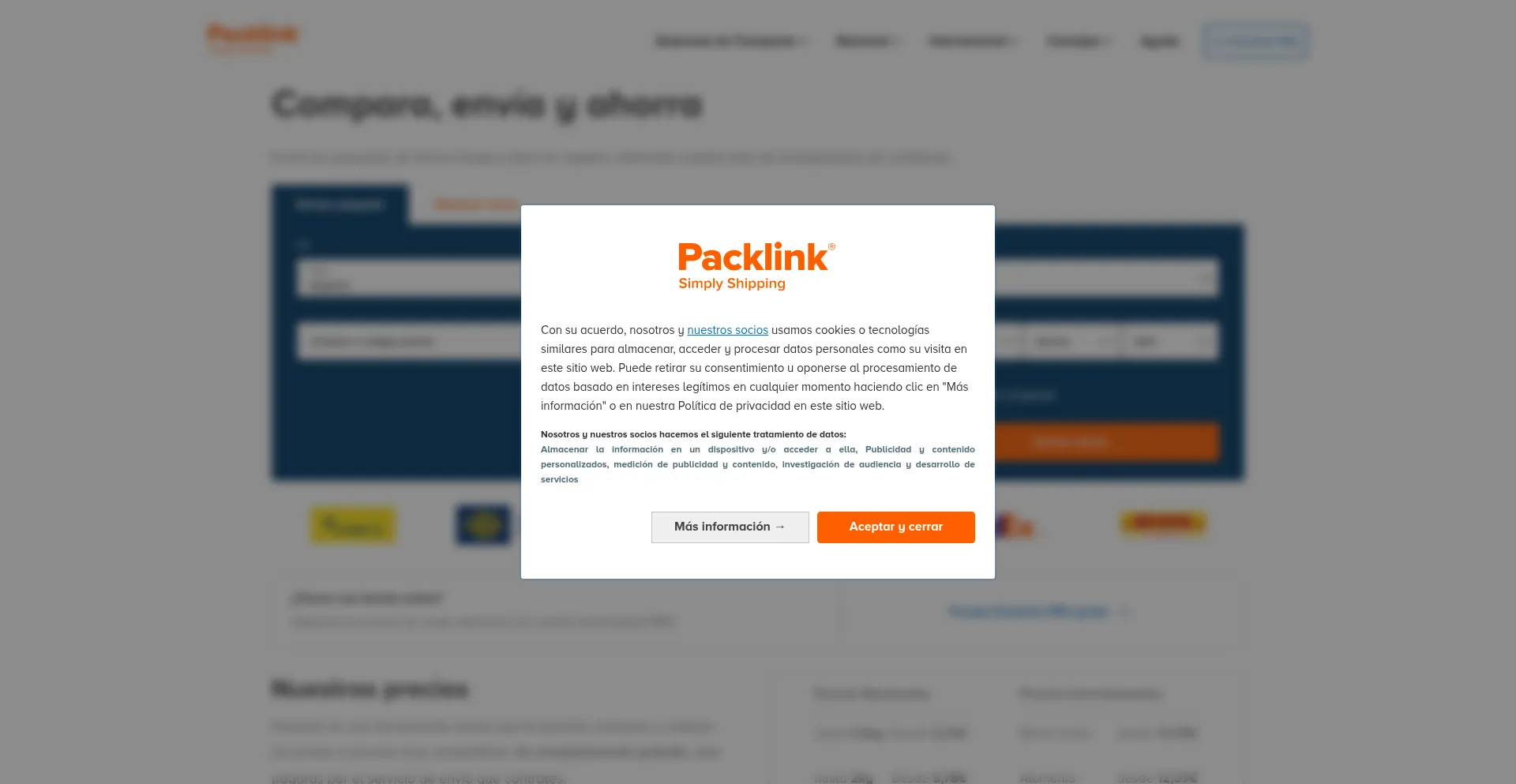 Website screenshot of Packlink.es