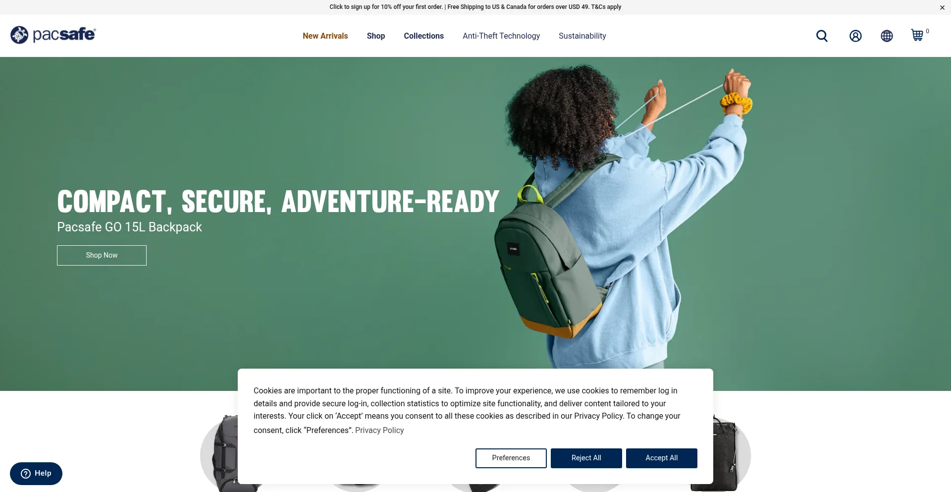Website screenshot of Pacsafe.com