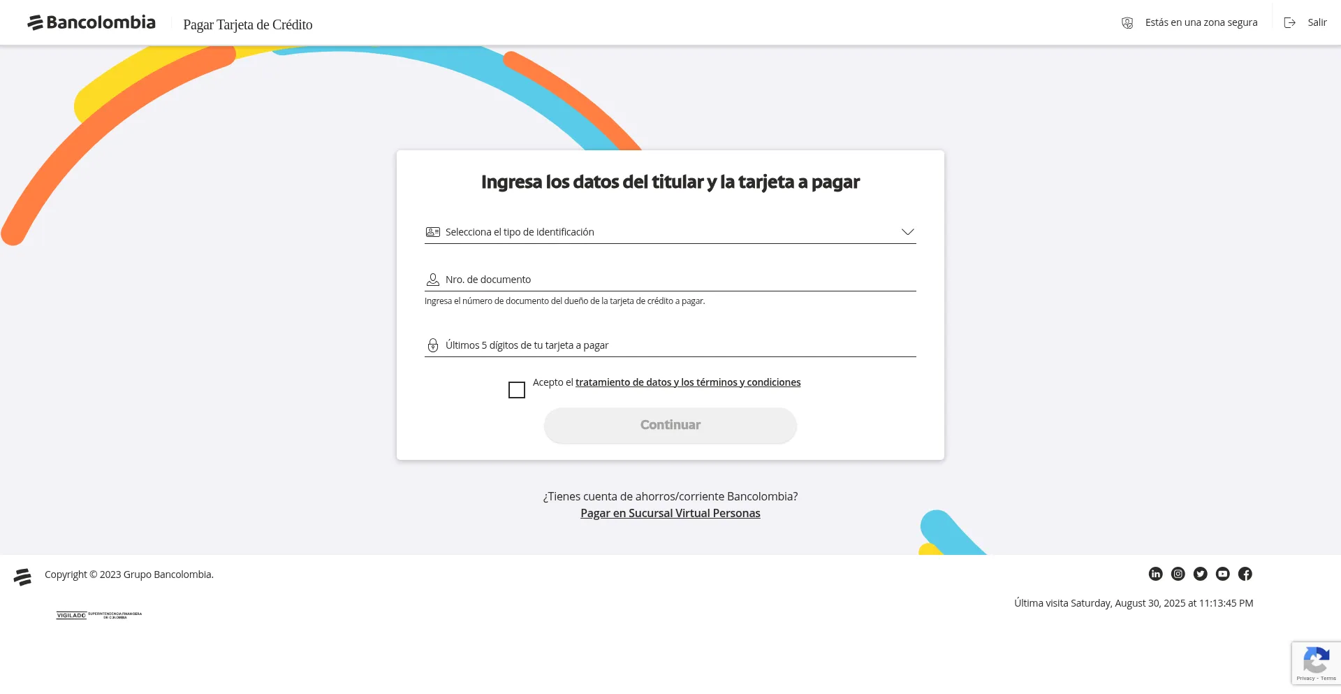 Website screenshot of Pagostarjetadecredito.apps.bancolombia.com