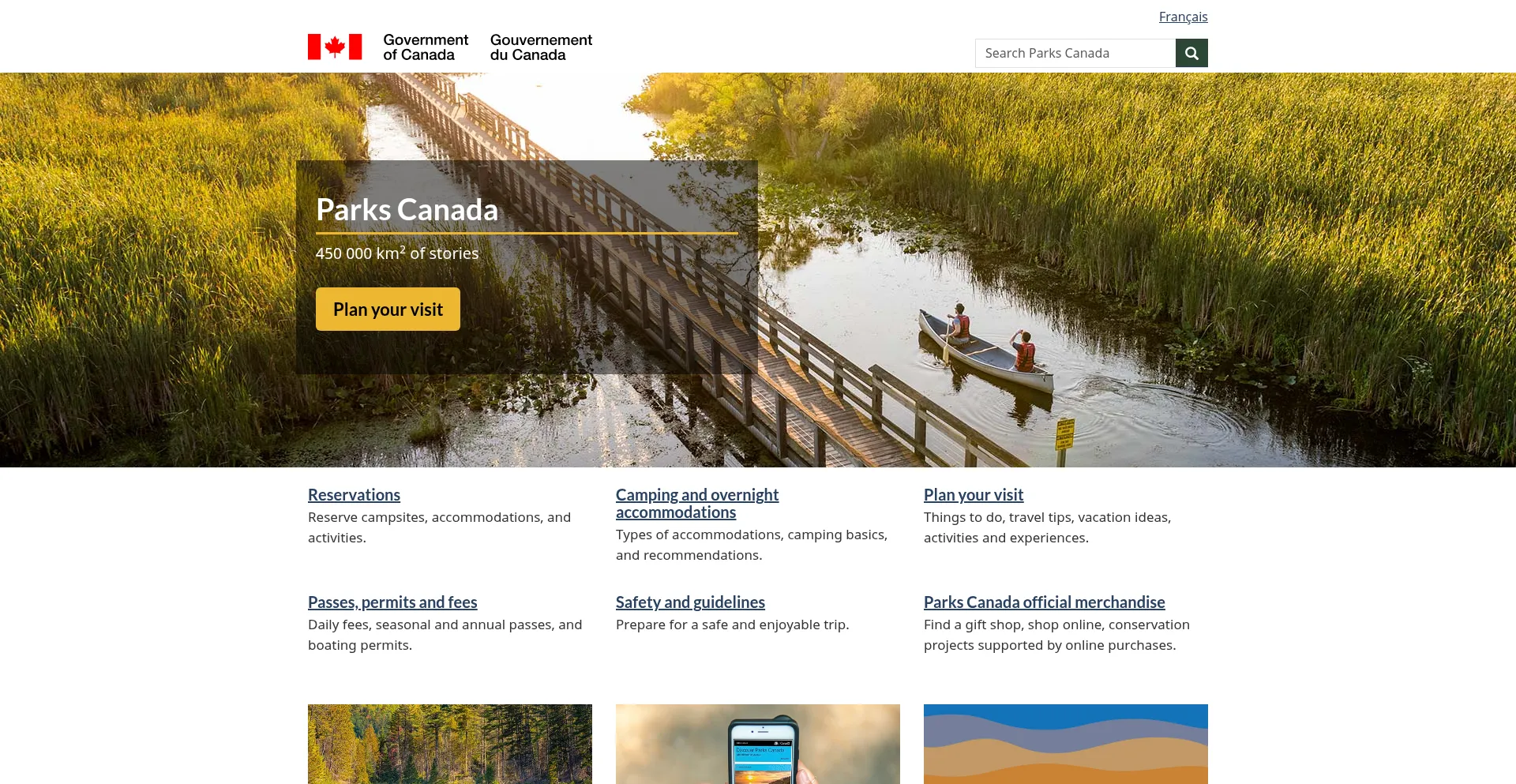 Website screenshot of Parks.canada.ca