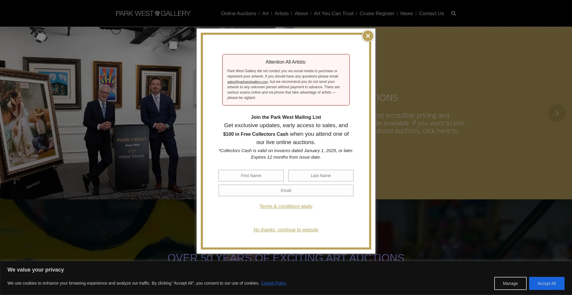 Website screenshot of Parkwestgallery.com