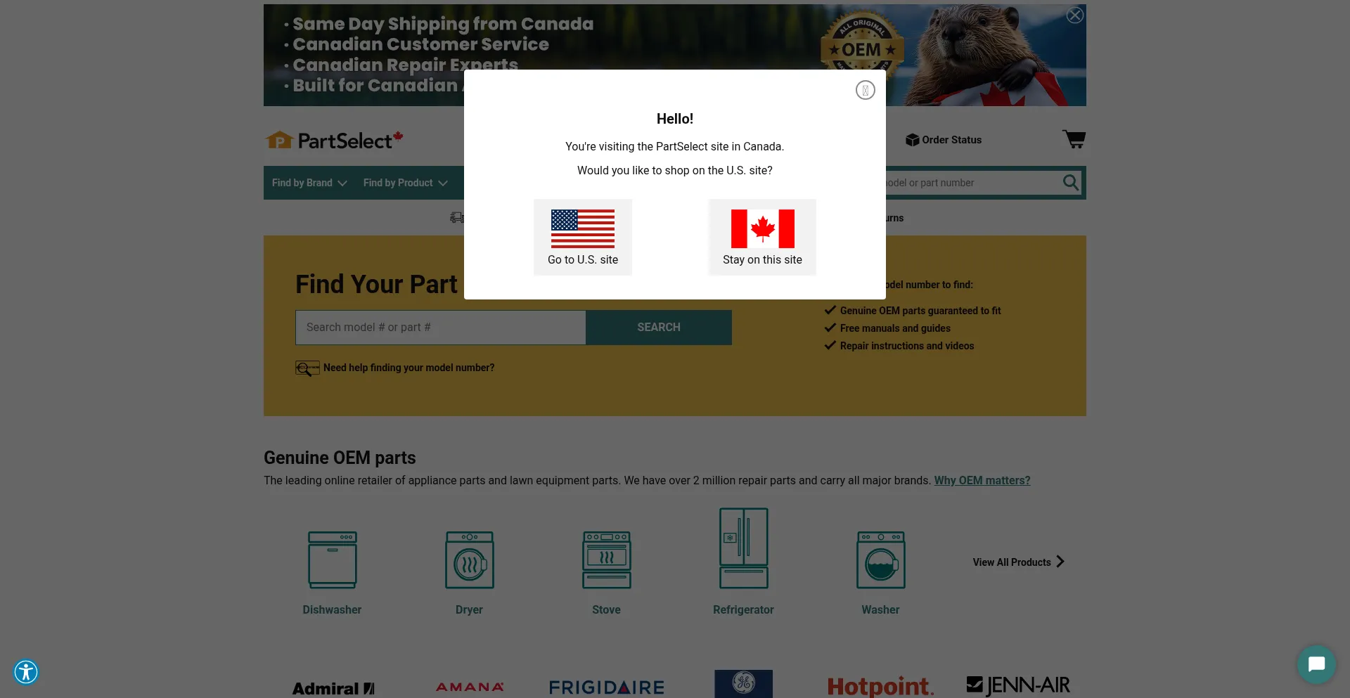 Partselect.ca Screenshot