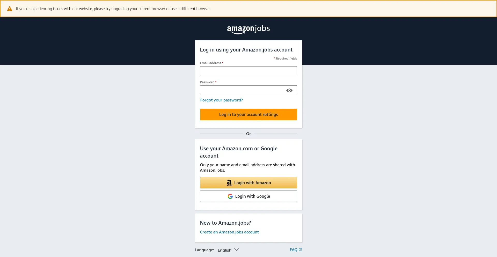 Website screenshot of Passport.amazon.jobs