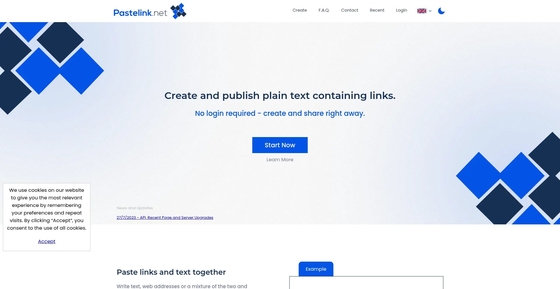 Website screenshot of Pastelink.net