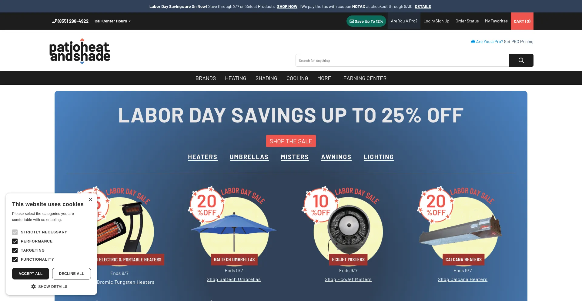 Website screenshot of Patioheatandshade.com