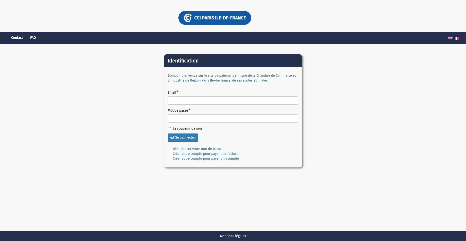 Website screenshot of Payonline.cci-paris-idf.fr