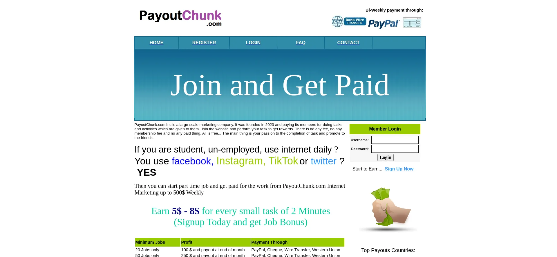Website screenshot of Payoutchunk.com