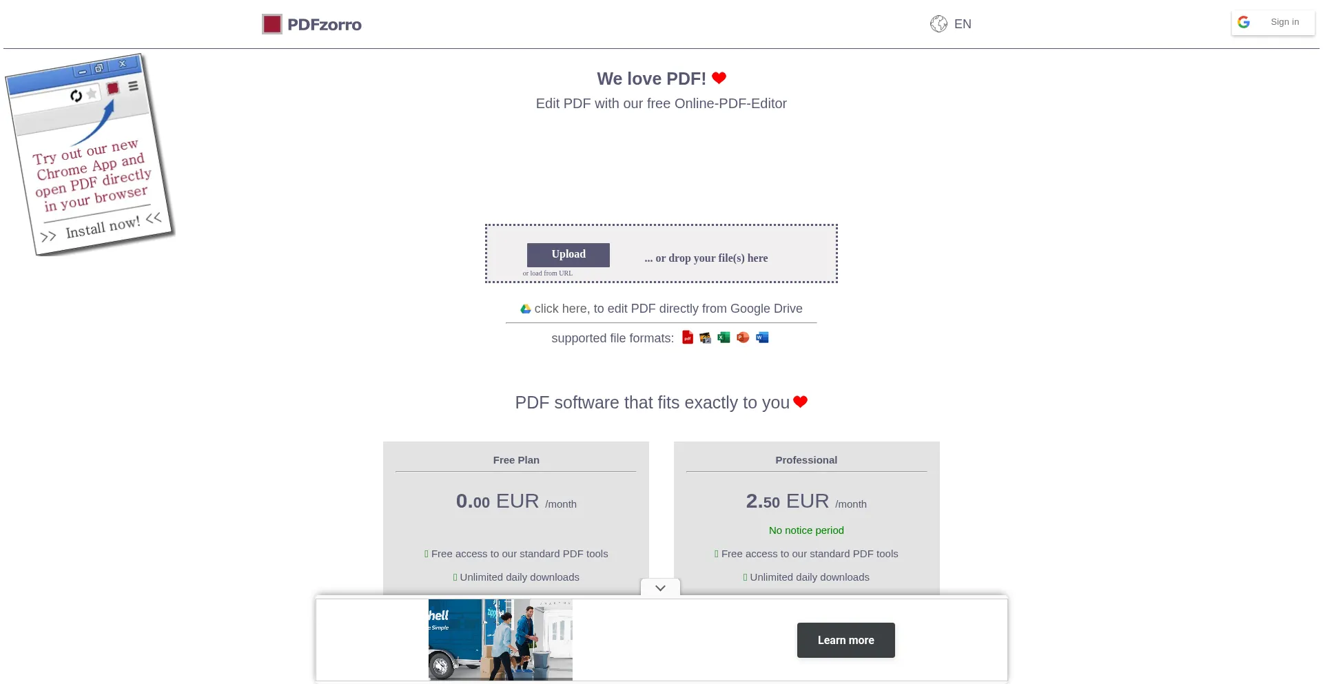 Website screenshot of Pdfzorro.com