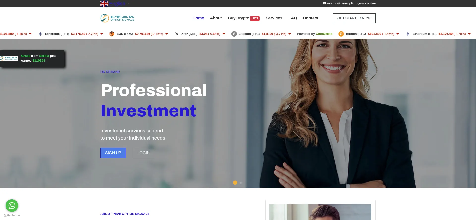 Website screenshot of Peakoptionsignals.online
