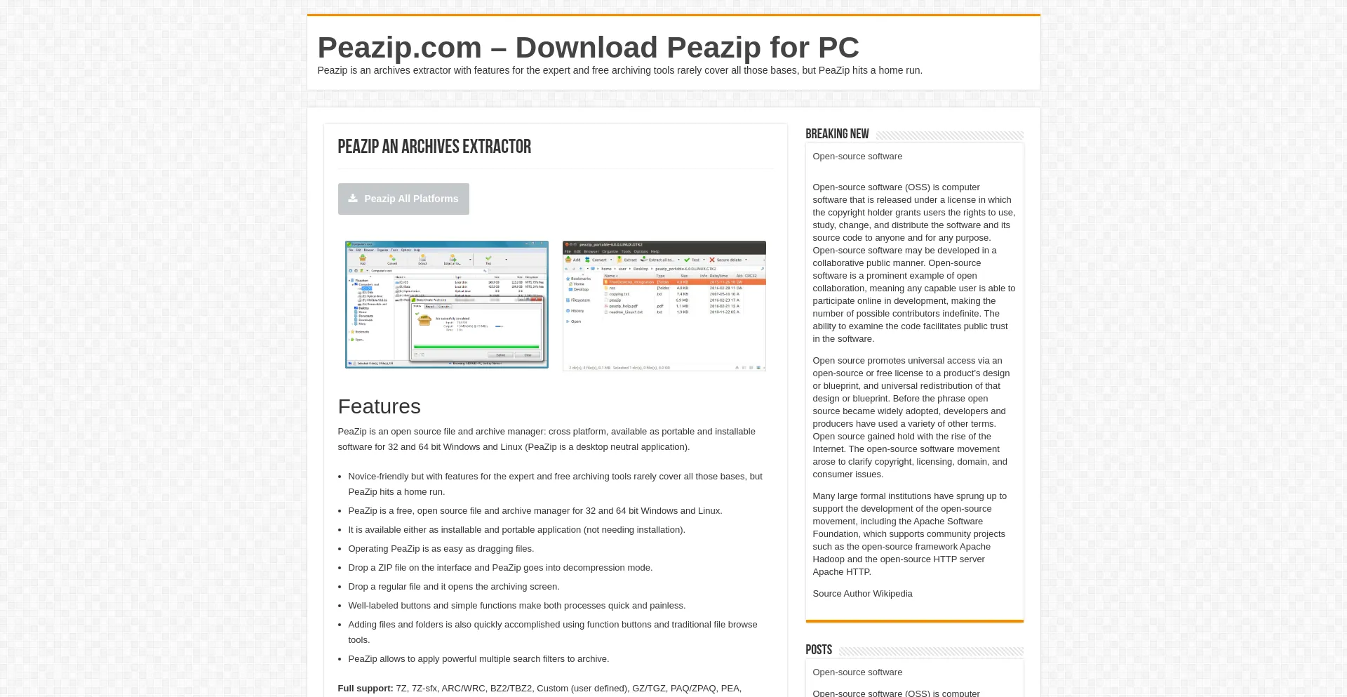 Website screenshot of Peazip.com