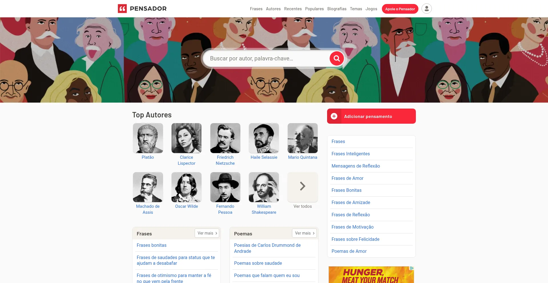 Website screenshot of Pensador.com