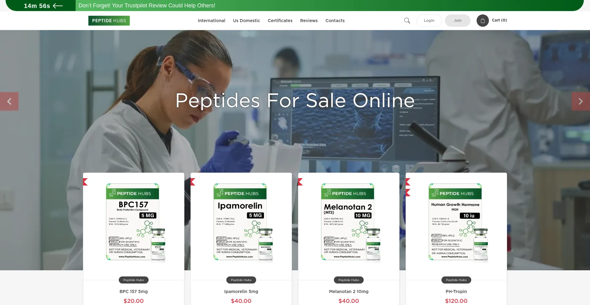 Website screenshot of Peptidehubs.com