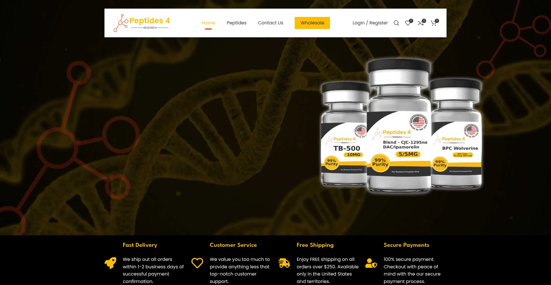 Website screenshot of Peptides4research.com