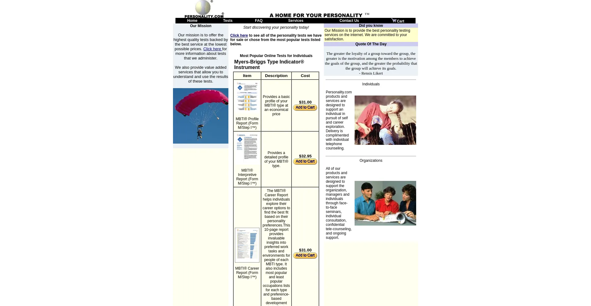 Website screenshot of Personality.com