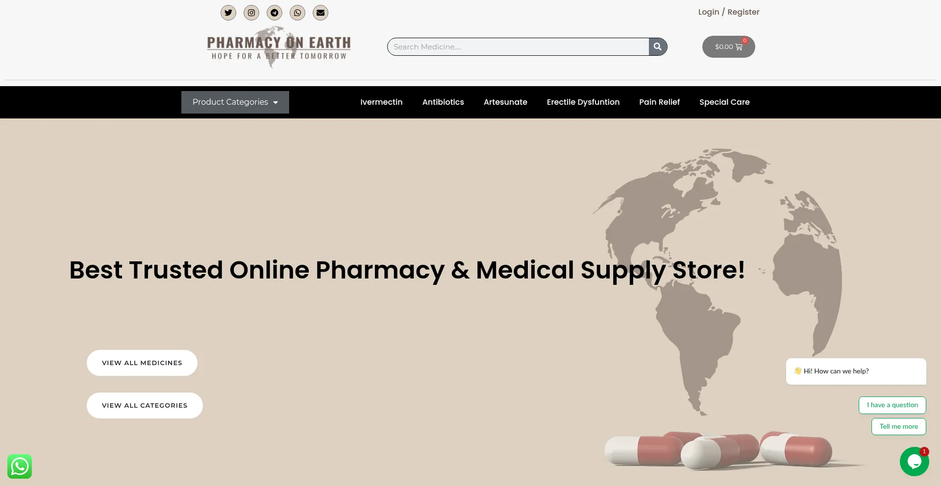 Website screenshot of Pharmacyonearth.com