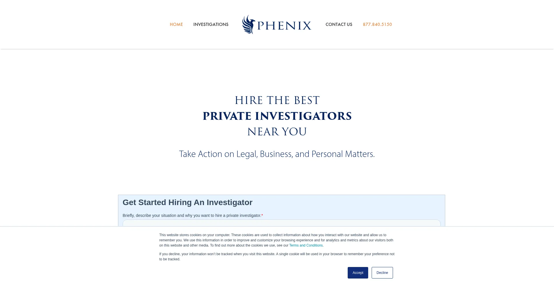 Website screenshot of Phenixinvestigations.com