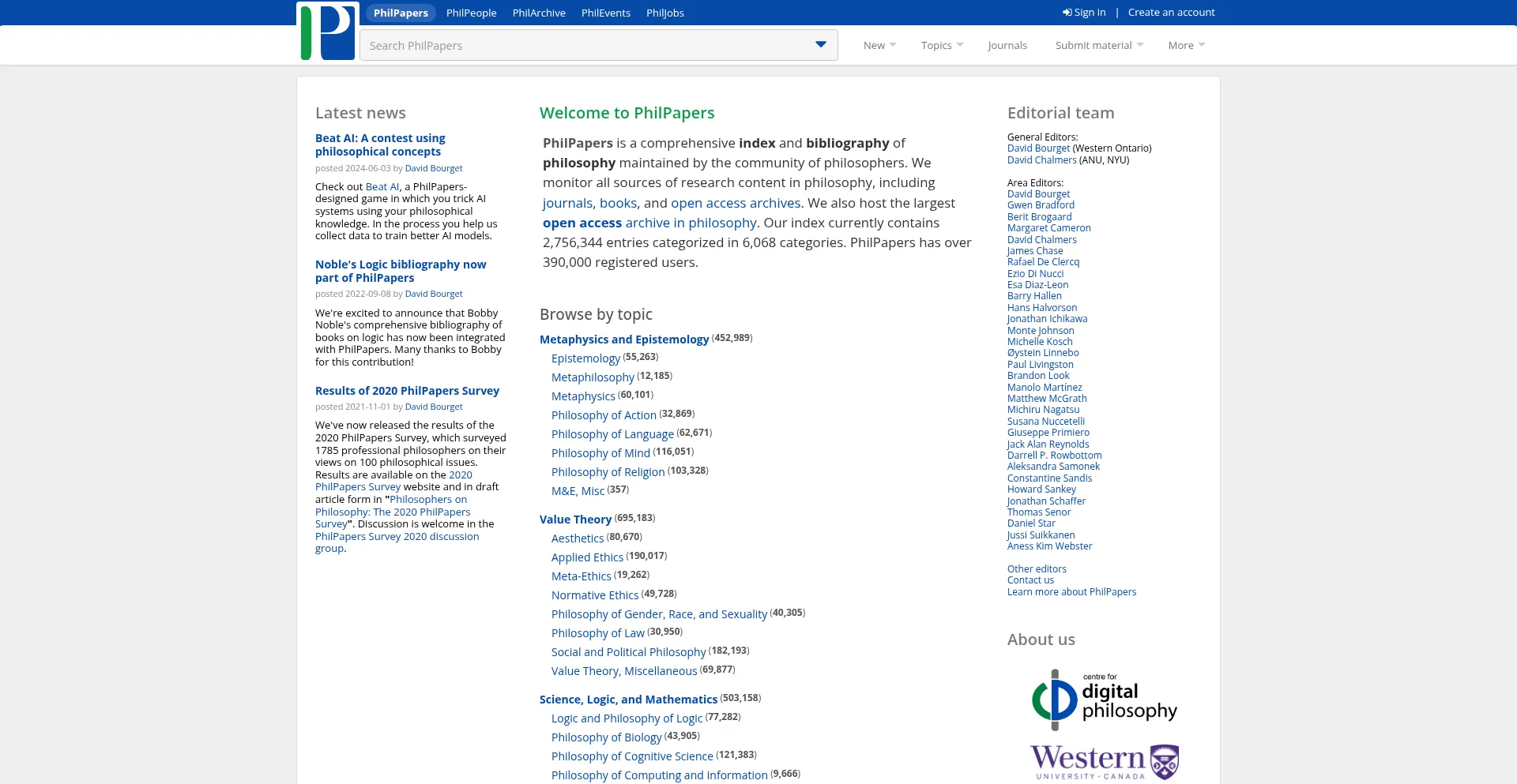 Website screenshot of Philpapers.org