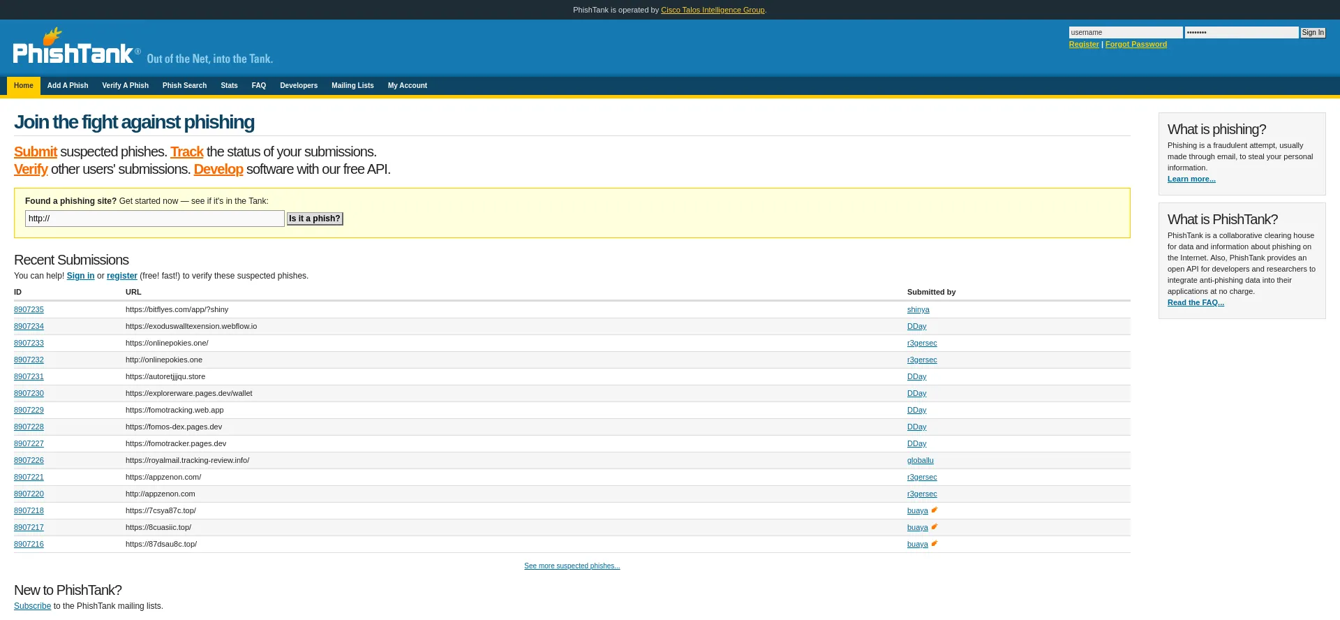 Website screenshot of Phishtank.com