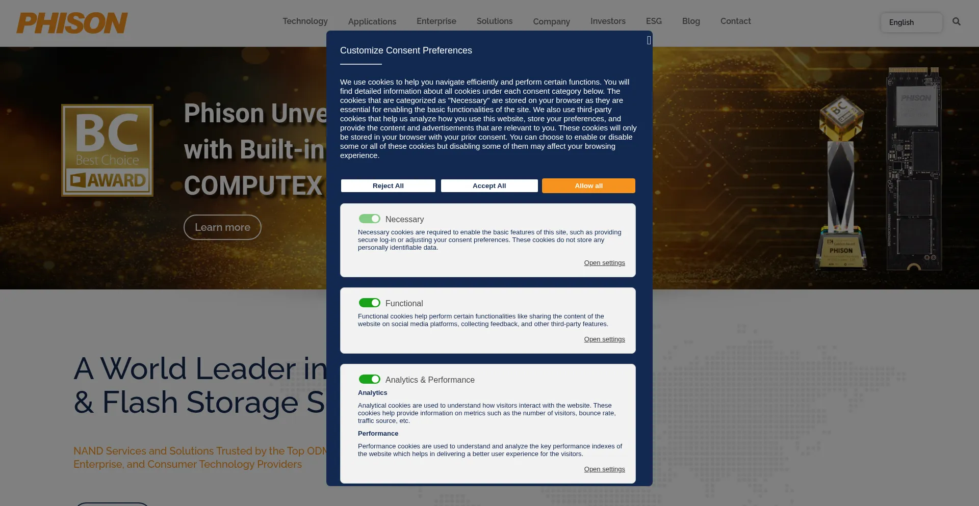 Website screenshot of Phison.com