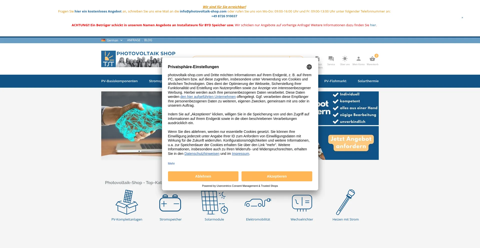 Website screenshot of Photovoltaik-shop.com