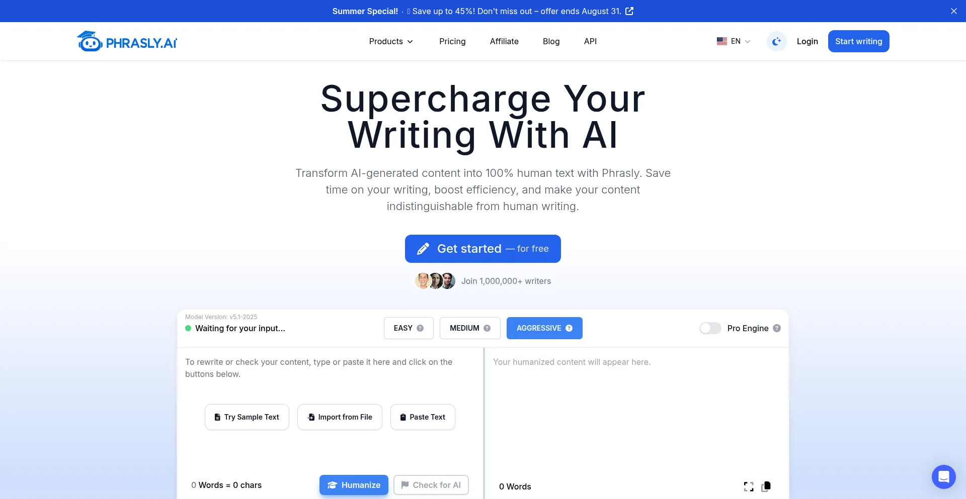 Website screenshot of Phrasly.ai