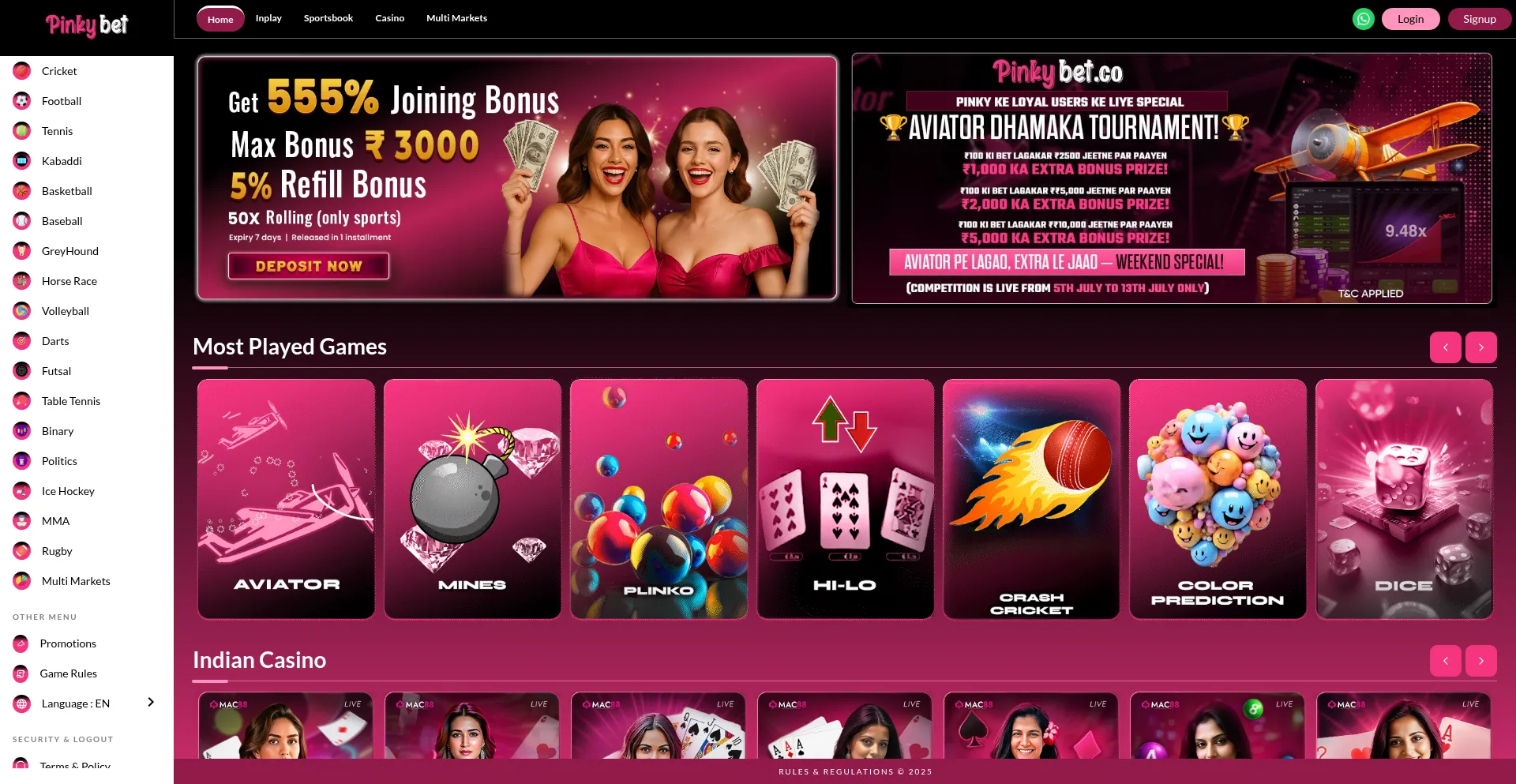 Website screenshot of Pinkybet.co