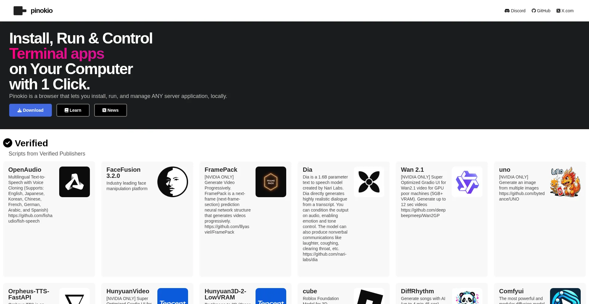 Website screenshot of Pinokio.co