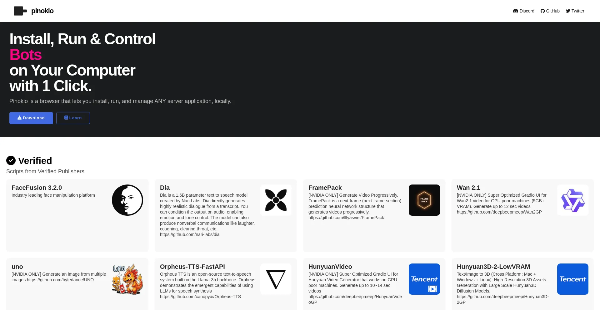 Website screenshot of Pinokio-home.netlify.app