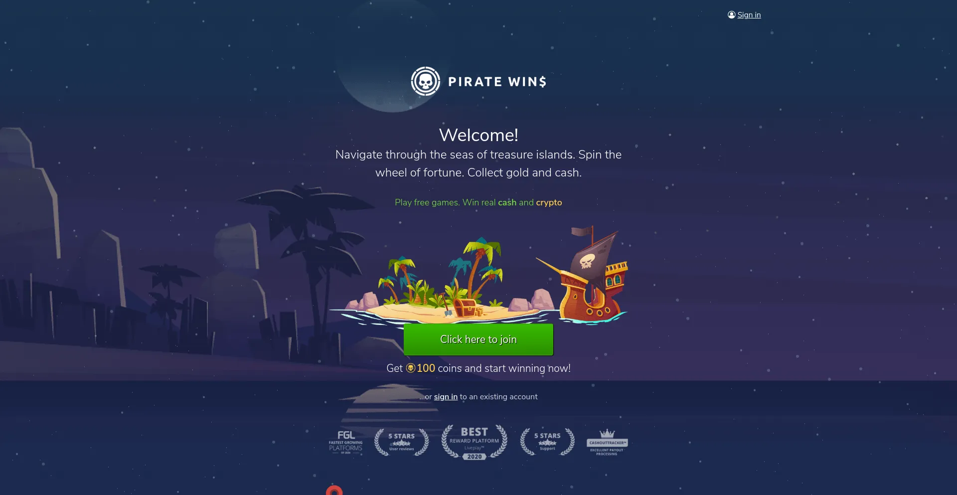 Website screenshot of Piratewins.io