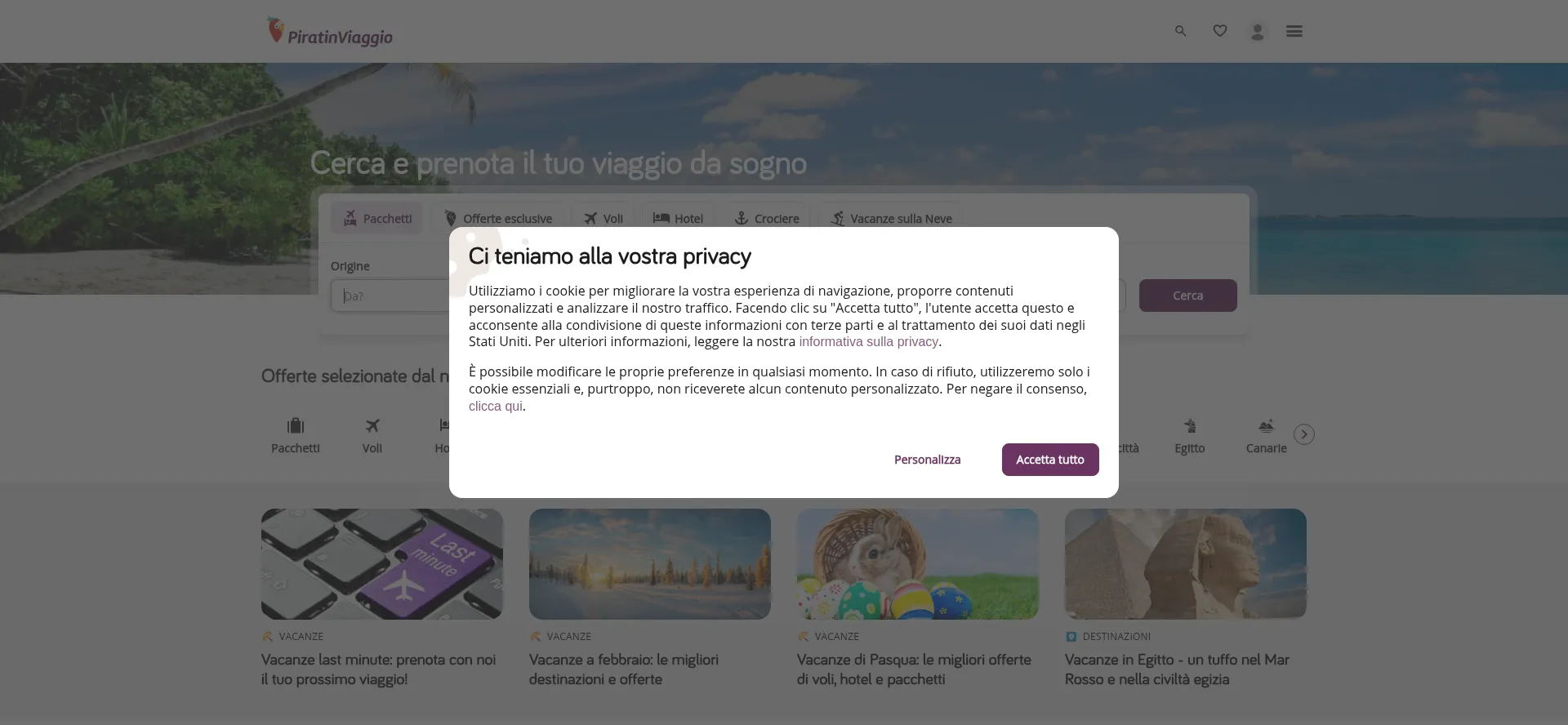 Website screenshot of Piratinviaggio.it