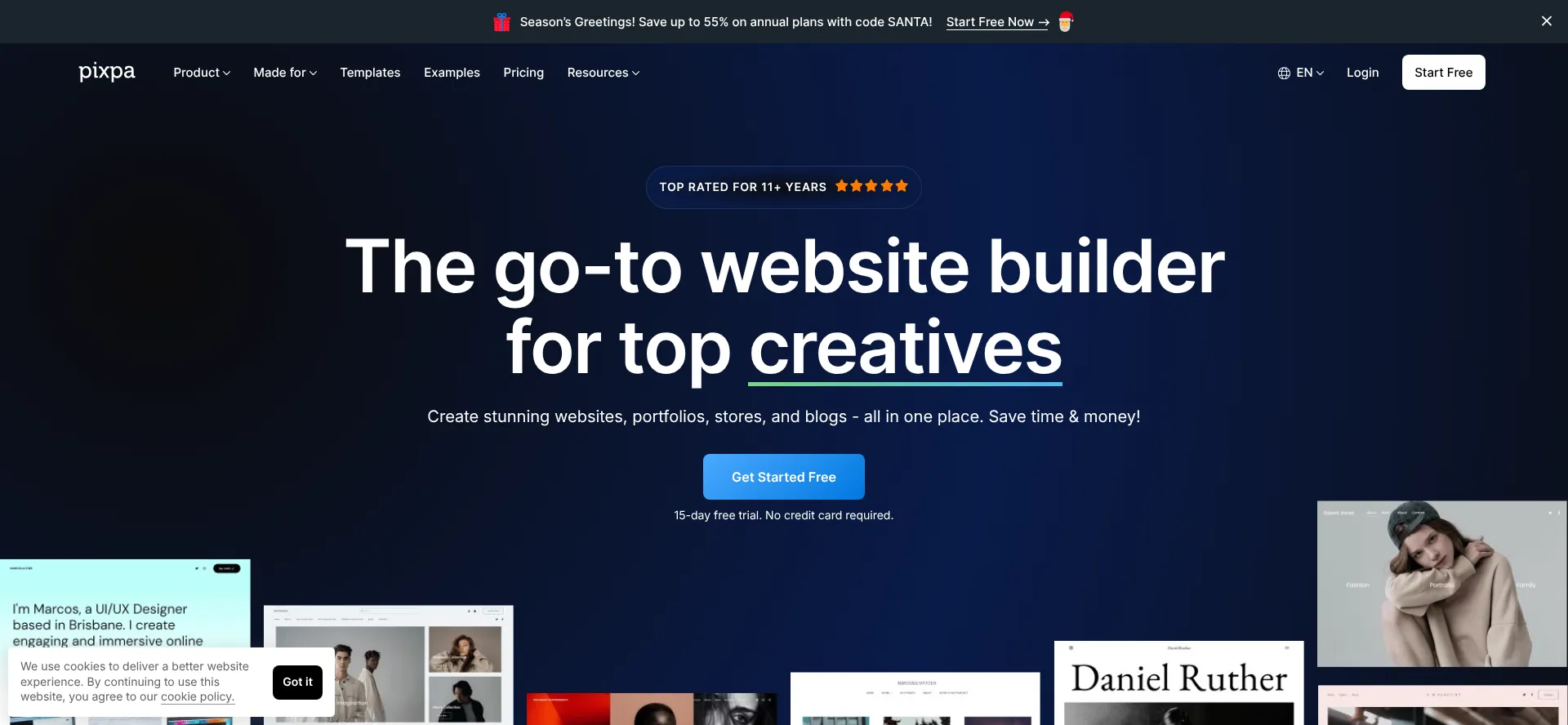 Website screenshot of Pixpa.com