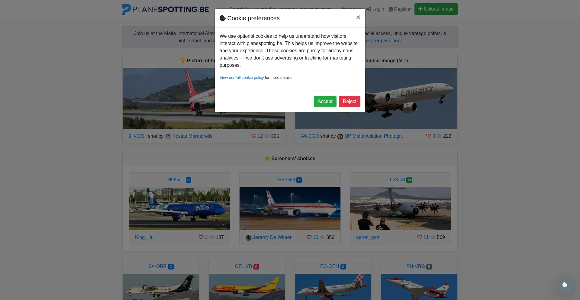 Website screenshot of Planespotting.be