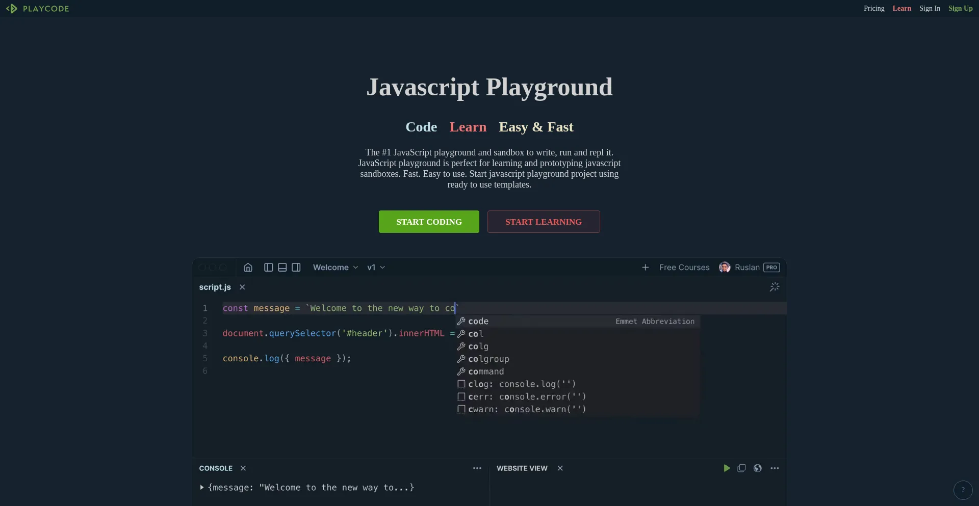 Website screenshot of Playcode.io