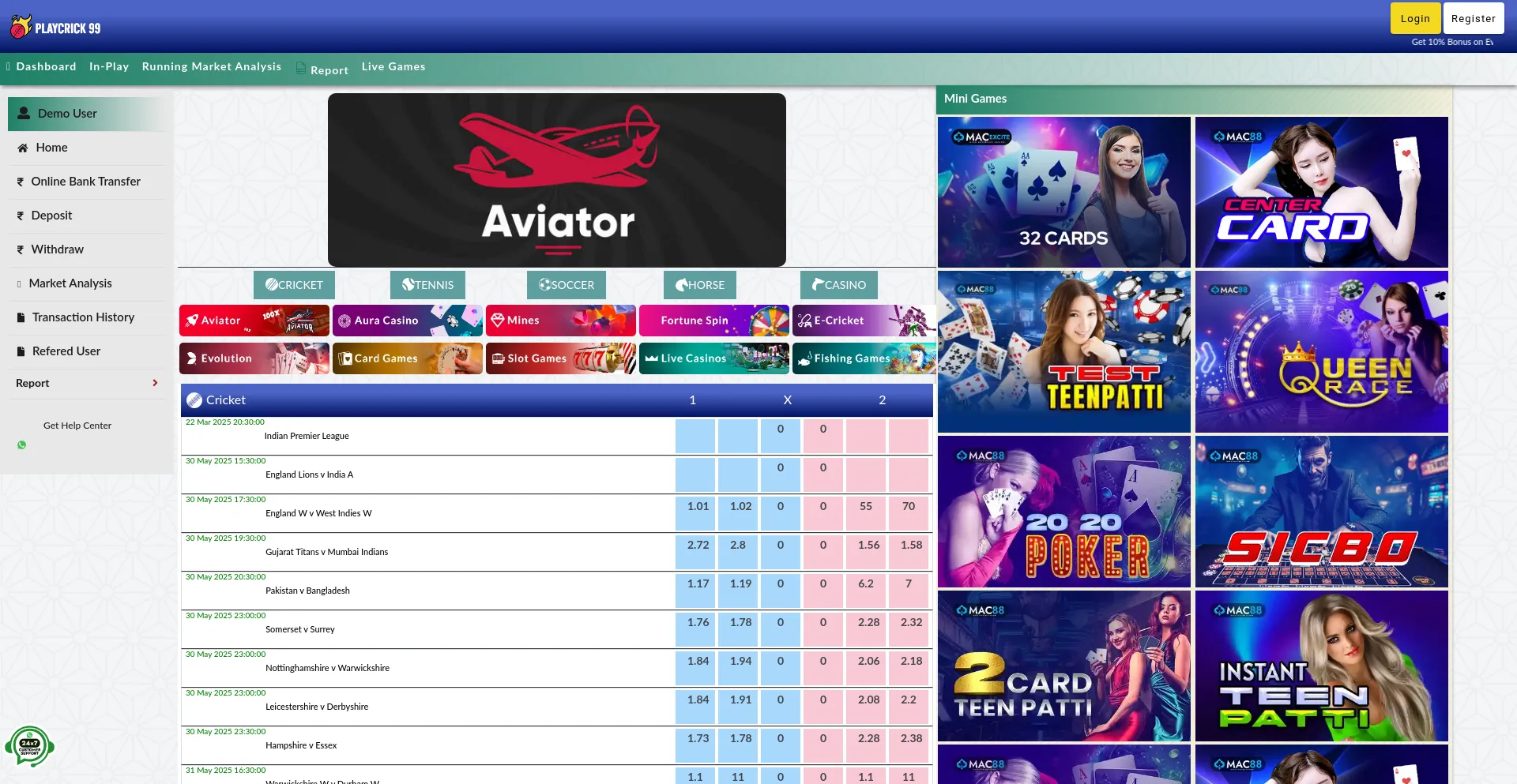 Website screenshot of Playcrick99.com