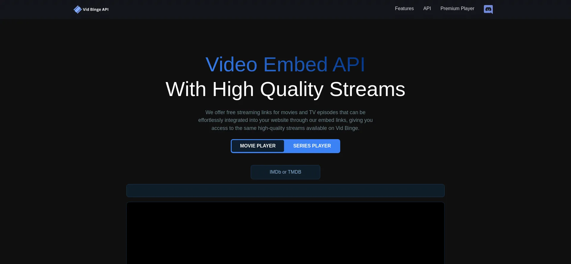 Website screenshot of Player.vidbinge.com