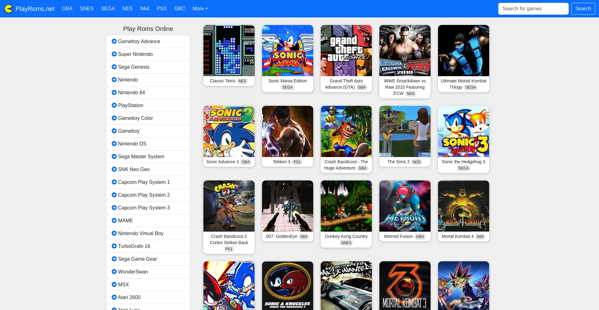 Website screenshot of Playroms.net