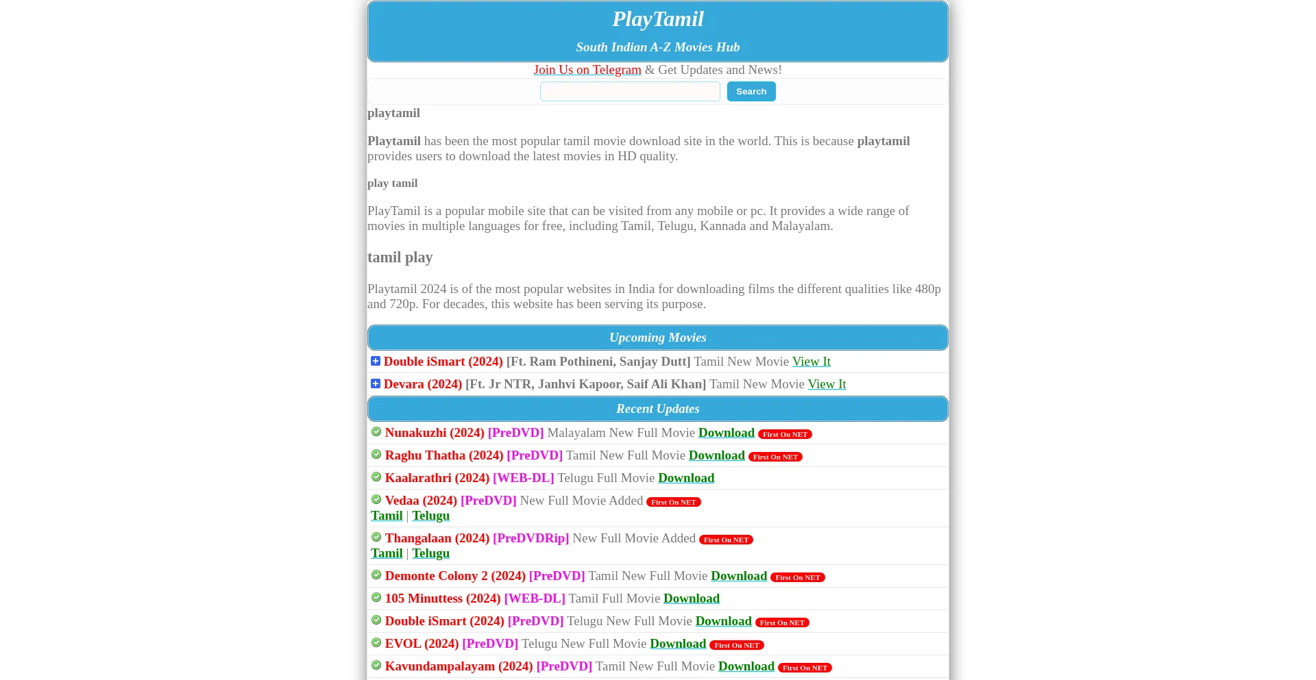 Website screenshot of Playtamil.ind.in