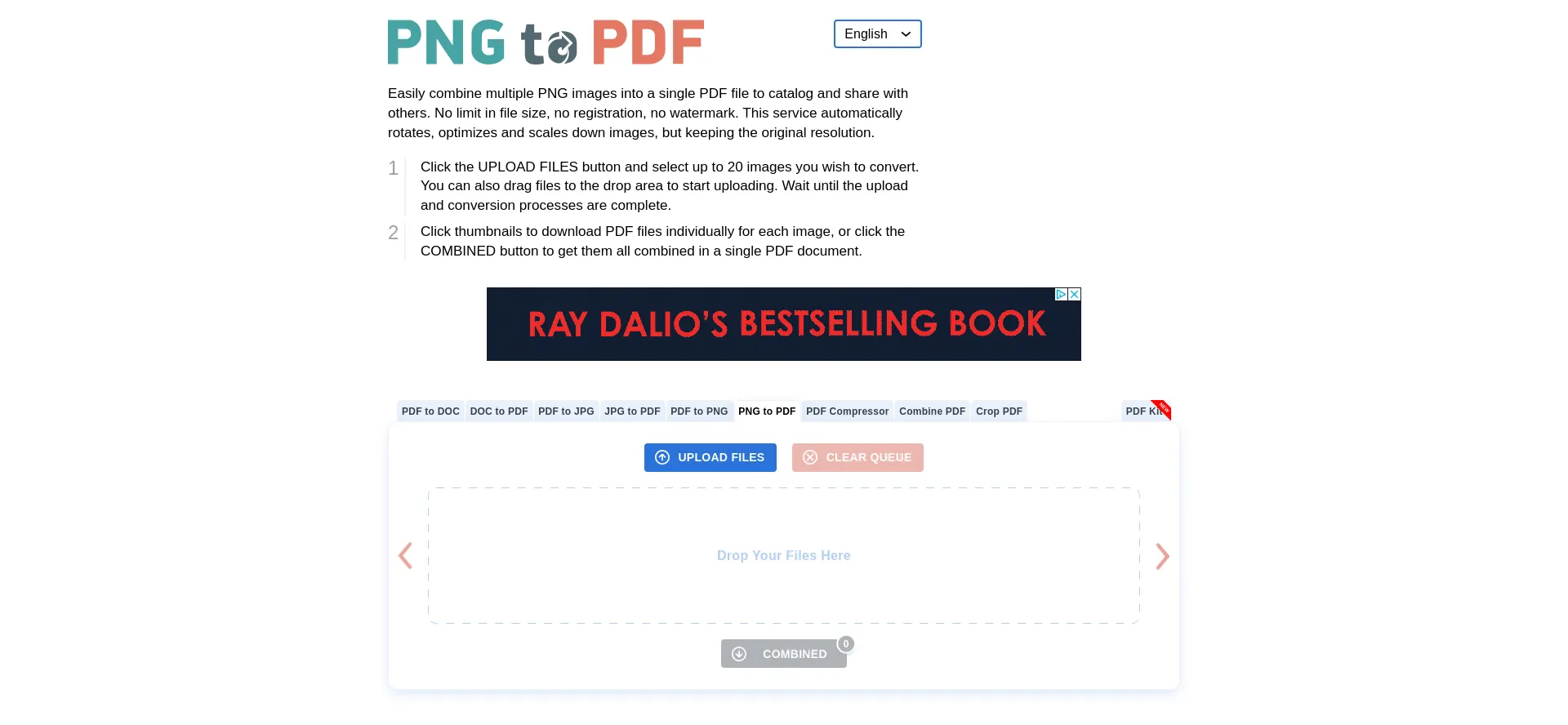 Website screenshot of Png2pdf.com