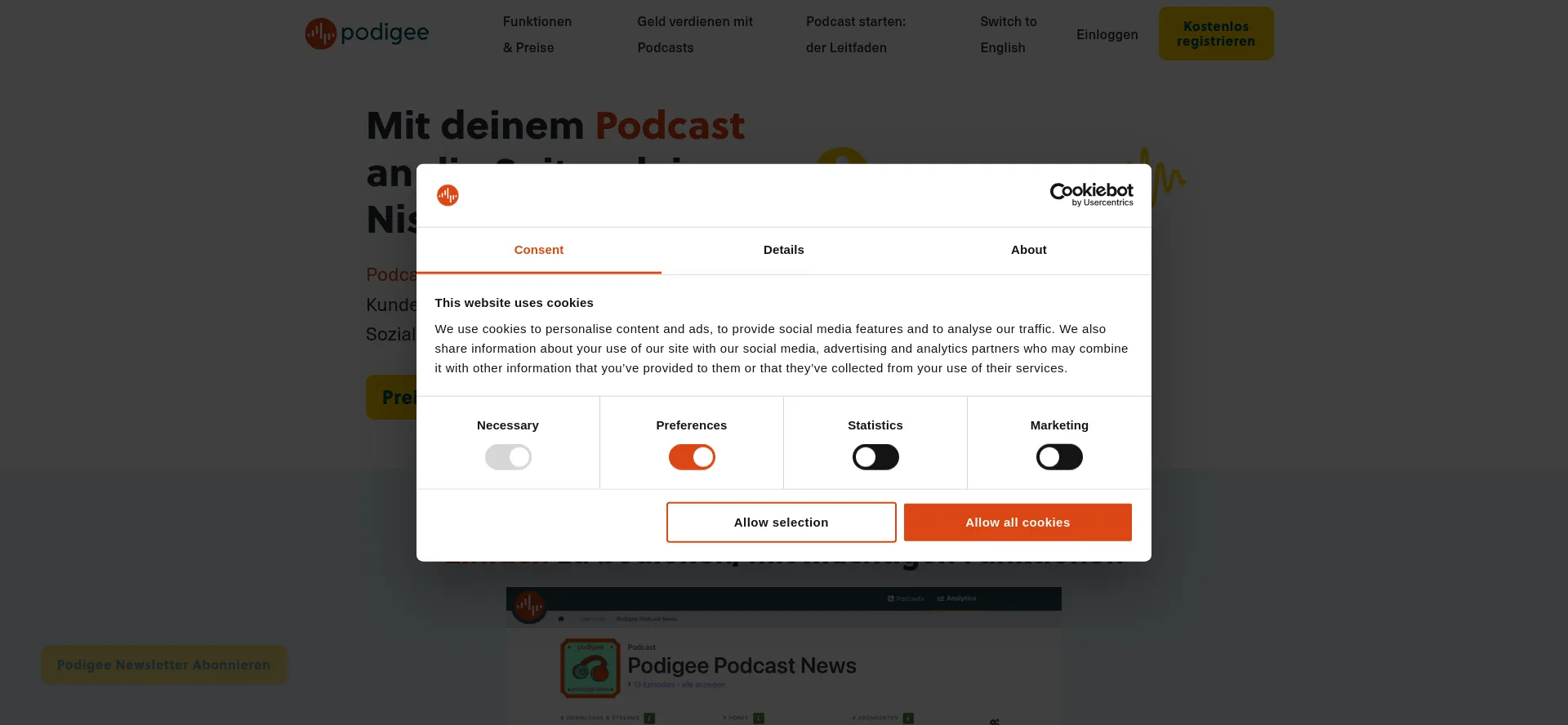 Website screenshot of Podigee.com