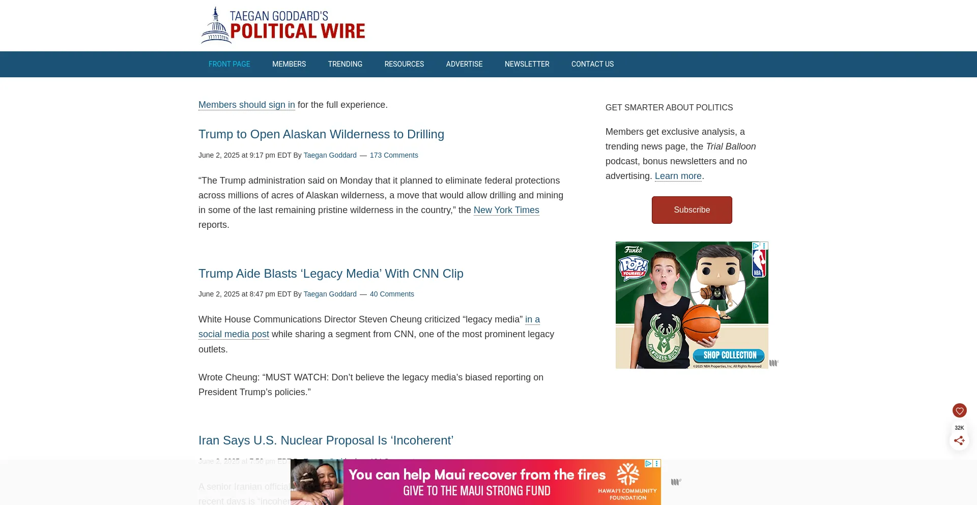 Website screenshot of Politicalwire.com