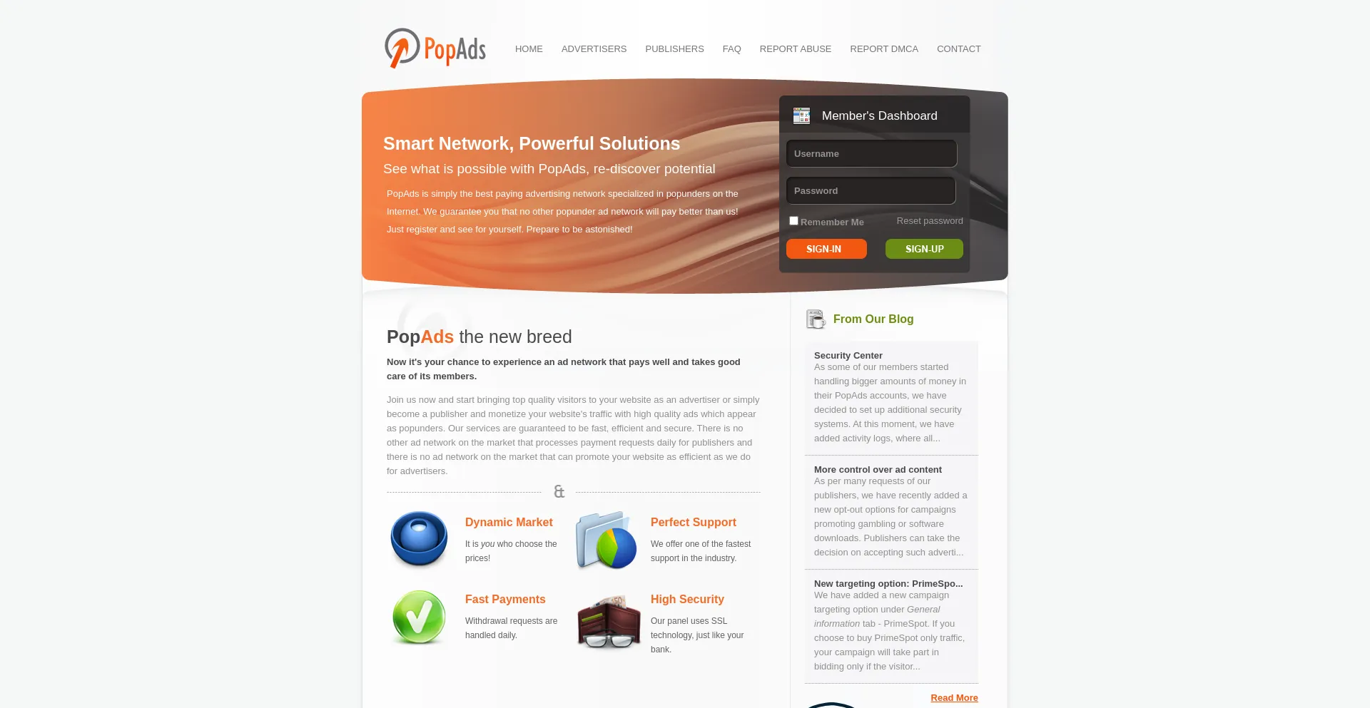 Website screenshot of Popads.net