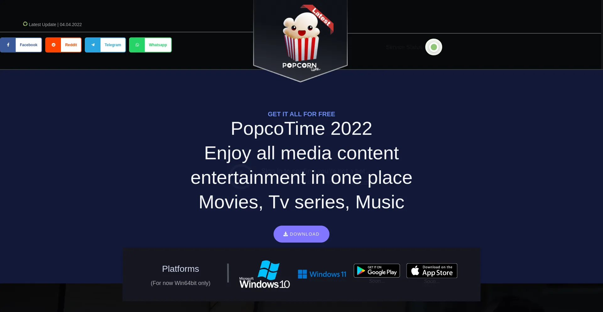 Website screenshot of Popcorntime.live