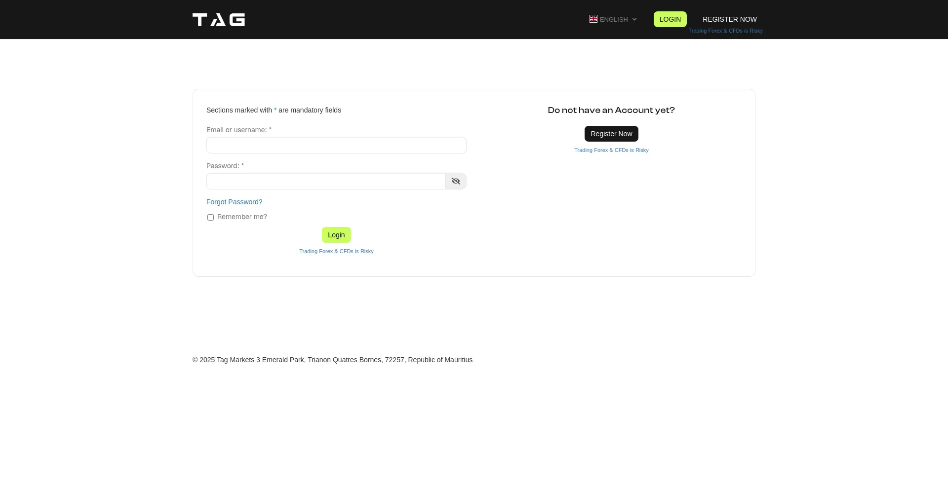 Website screenshot of Portal.tagmarkets.com
