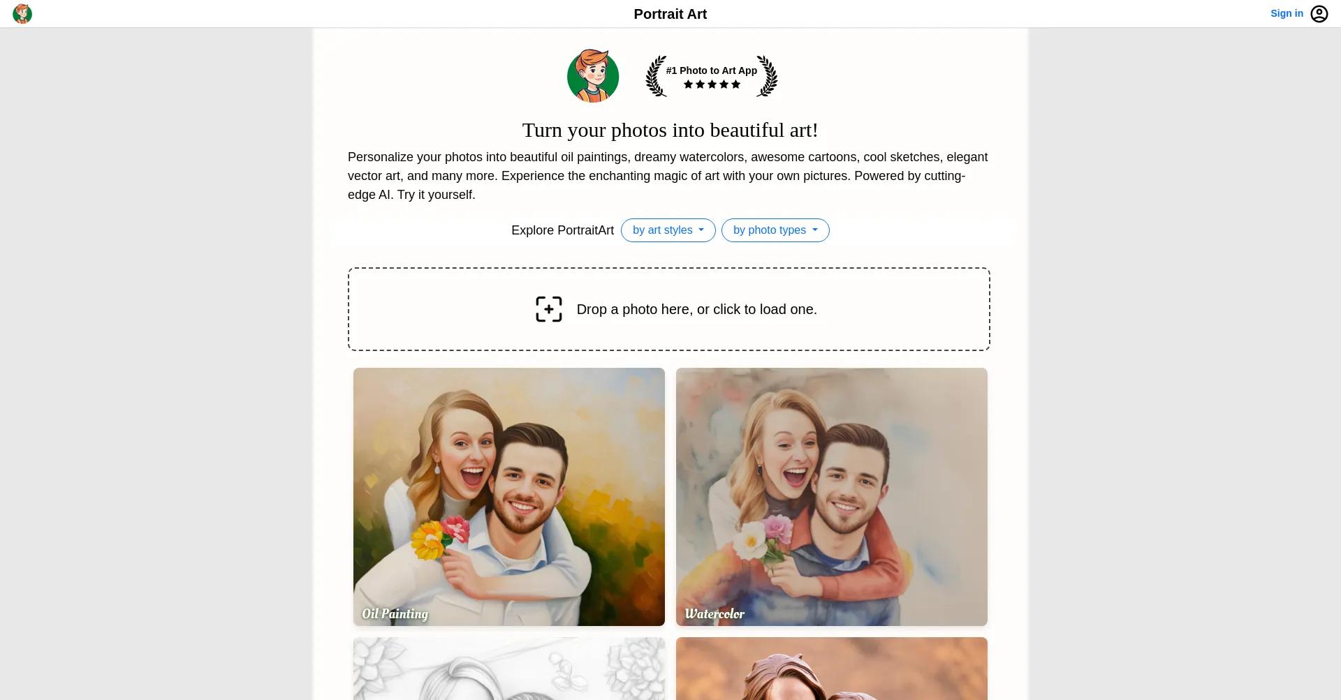 Website screenshot of Portraitart.app