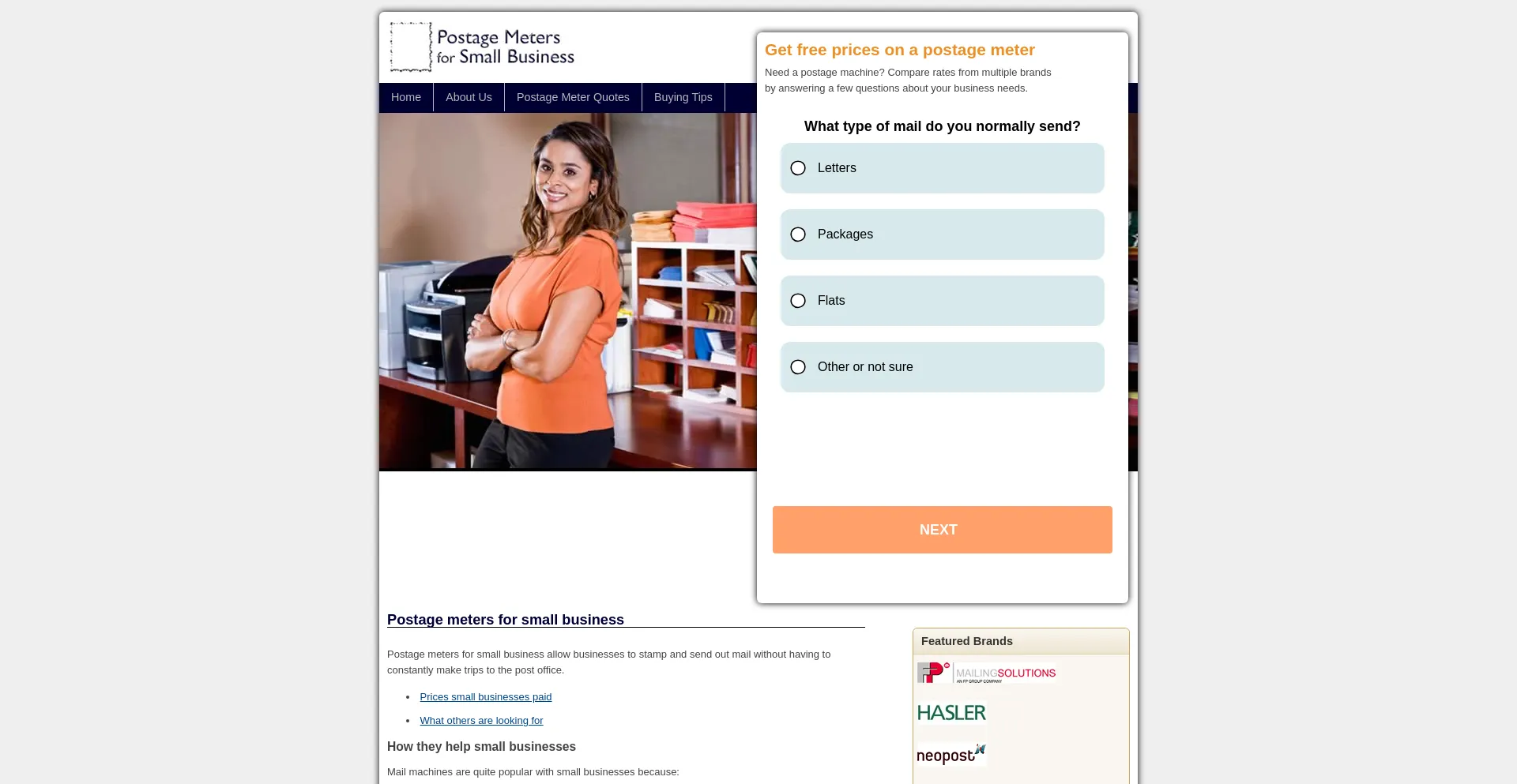 Website screenshot of Postagemetersforsmallbusiness.com