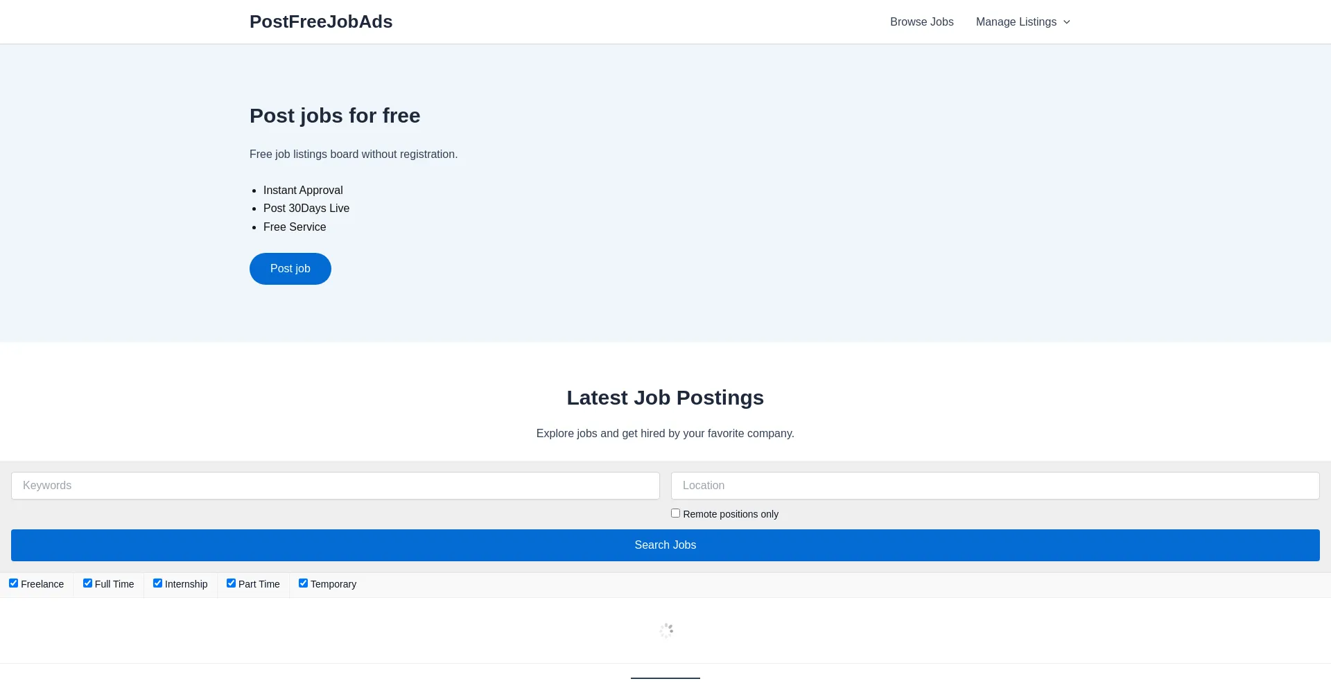 Website screenshot of Postfreejobads.com