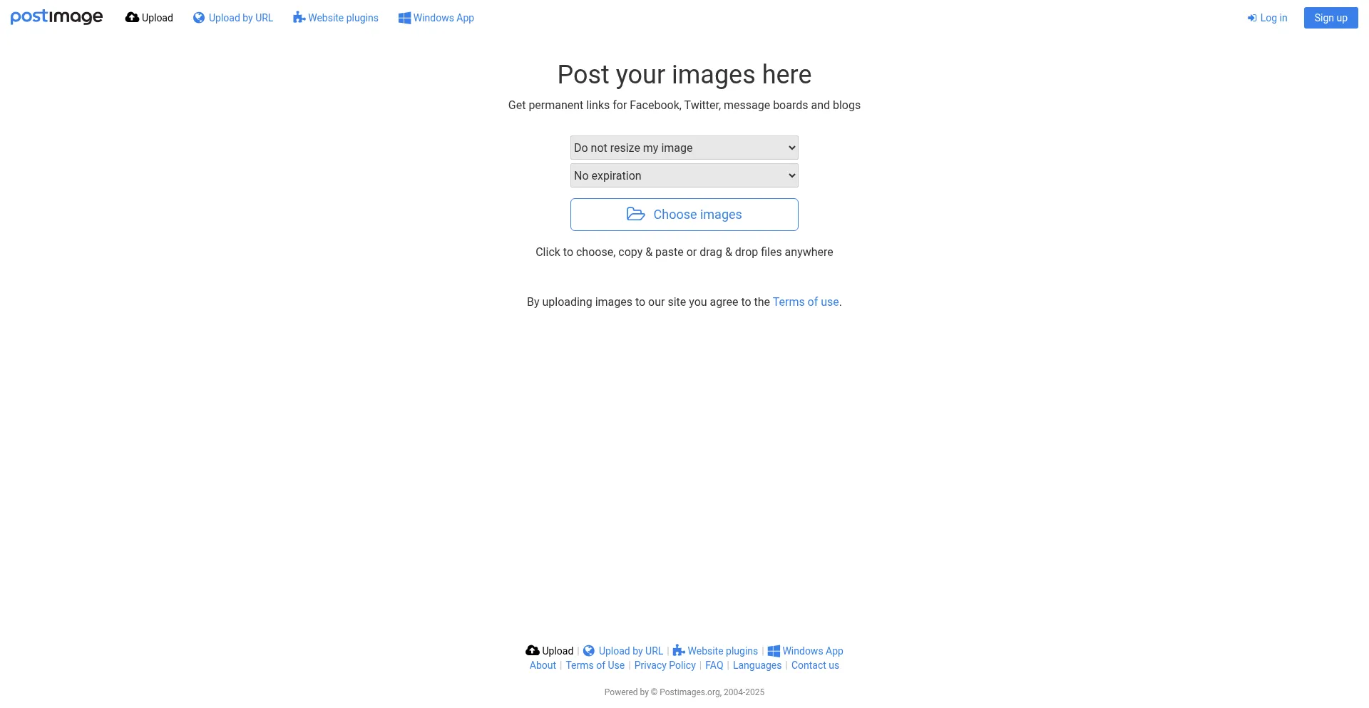 Website screenshot of Postimages.org