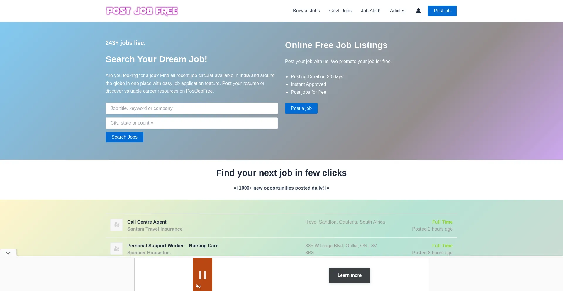 Website screenshot of Postjobfree.in